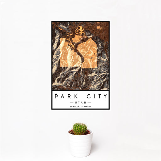 12x18 Park City Utah Map Print Portrait Orientation in Ember Style With Small Cactus Plant in White Planter