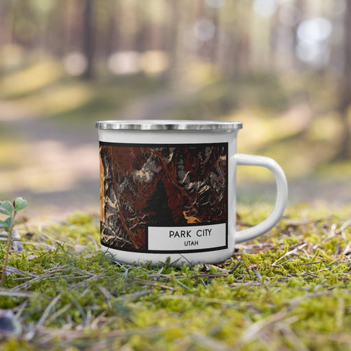 Right View Custom Park City Utah Map Enamel Mug in Ember on Grass With Trees in Background