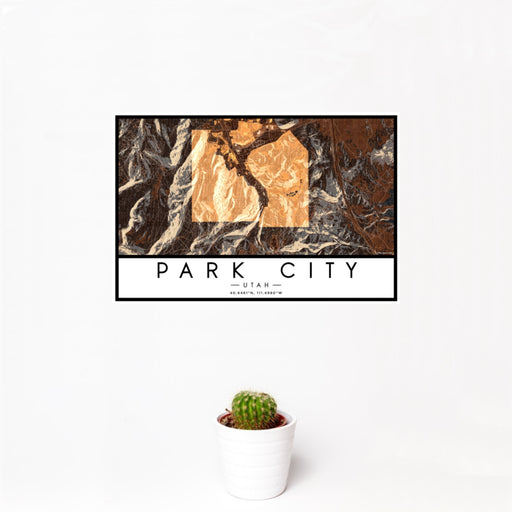 12x18 Park City Utah Map Print Landscape Orientation in Ember Style With Small Cactus Plant in White Planter