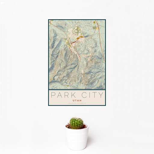 12x18 Park City Utah Map Print Portrait Orientation in Woodblock Style With Small Cactus Plant in White Planter