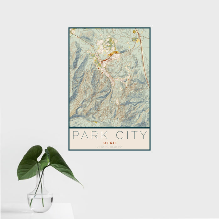 16x24 Park City Utah Map Print Portrait Orientation in Woodblock Style With Tropical Plant Leaves in Water