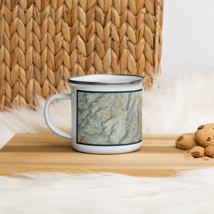 Left View Custom Park City Utah Map Enamel Mug in Woodblock on Table Top