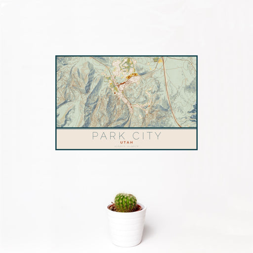 12x18 Park City Utah Map Print Landscape Orientation in Woodblock Style With Small Cactus Plant in White Planter