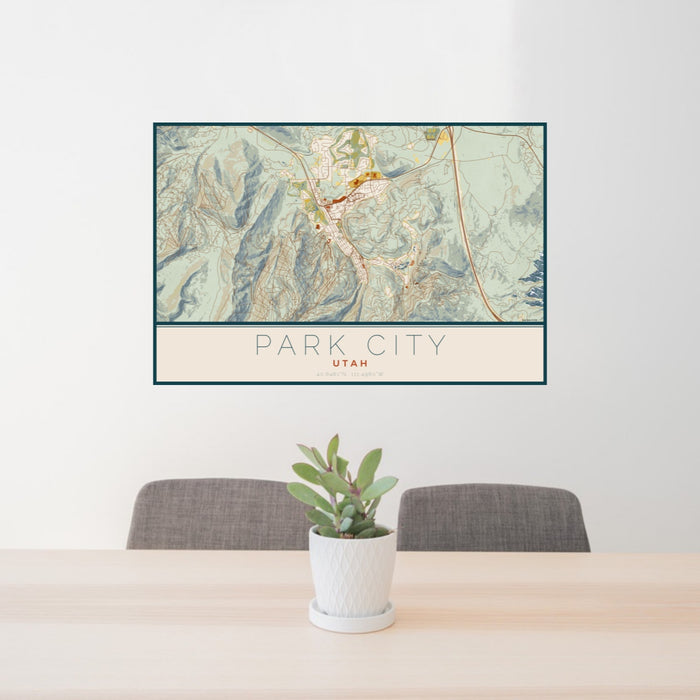 24x36 Park City Utah Map Print Landscape Orientation in Woodblock Style Behind 2 Chairs Table and Potted Plant