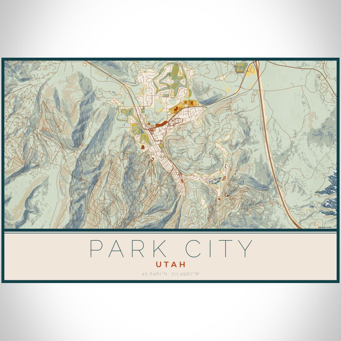 Park City Utah Map Print Landscape Orientation in Woodblock Style With Shaded Background