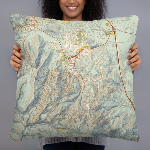 Person holding 22x22 Custom Park City Utah Map Throw Pillow in Woodblock