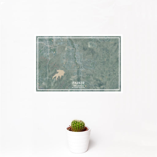 12x18 Parker Colorado Map Print Landscape Orientation in Afternoon Style With Small Cactus Plant in White Planter