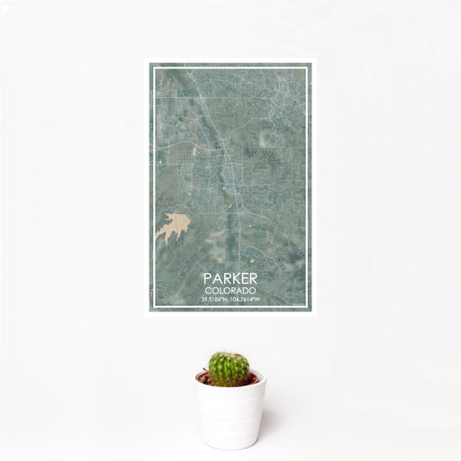 12x18 Parker Colorado Map Print Portrait Orientation in Afternoon Style With Small Cactus Plant in White Planter
