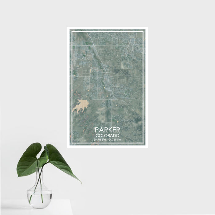 16x24 Parker Colorado Map Print Portrait Orientation in Afternoon Style With Tropical Plant Leaves in Water