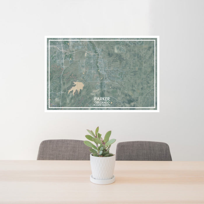 24x36 Parker Colorado Map Print Lanscape Orientation in Afternoon Style Behind 2 Chairs Table and Potted Plant