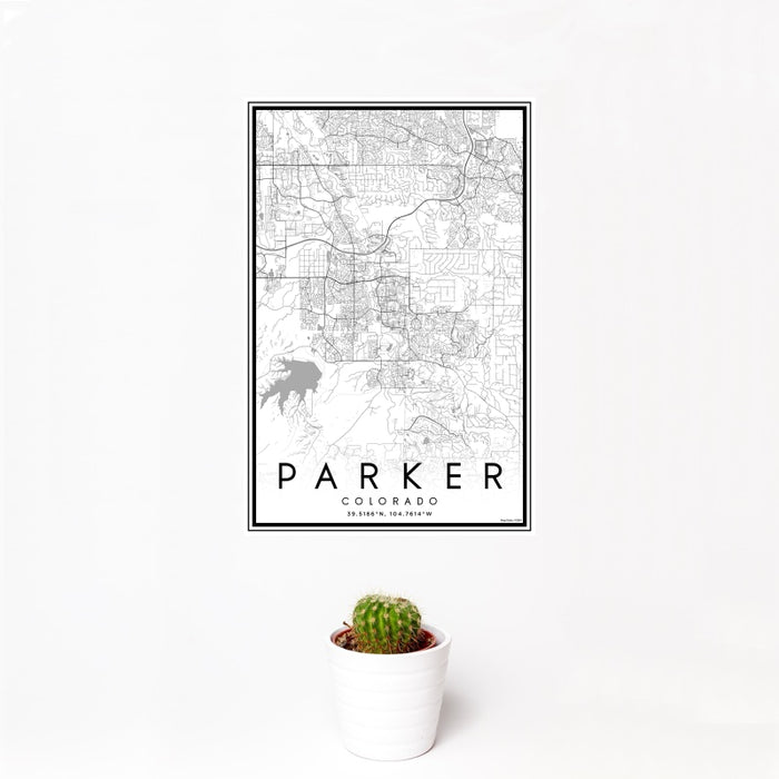 12x18 Parker Colorado Map Print Portrait Orientation in Classic Style With Small Cactus Plant in White Planter