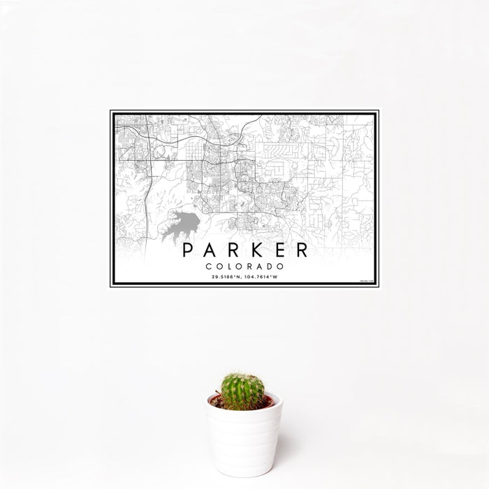12x18 Parker Colorado Map Print Landscape Orientation in Classic Style With Small Cactus Plant in White Planter