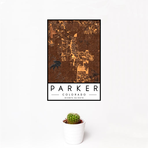 12x18 Parker Colorado Map Print Portrait Orientation in Ember Style With Small Cactus Plant in White Planter