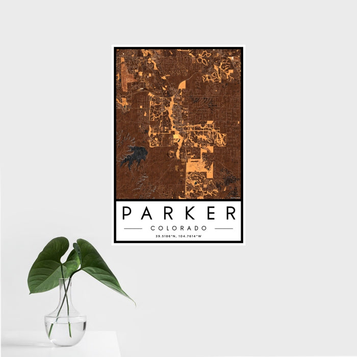 16x24 Parker Colorado Map Print Portrait Orientation in Ember Style With Tropical Plant Leaves in Water