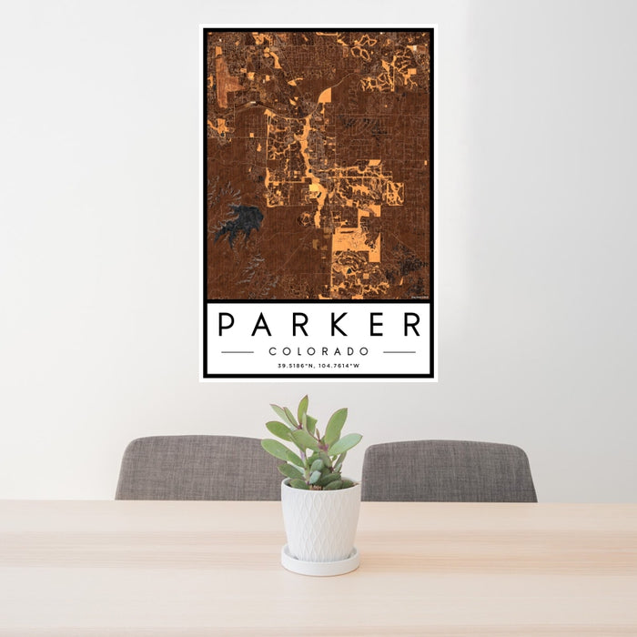 24x36 Parker Colorado Map Print Portrait Orientation in Ember Style Behind 2 Chairs Table and Potted Plant