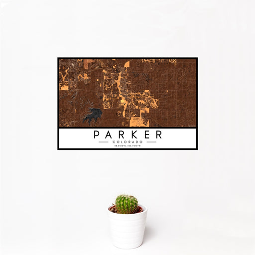 12x18 Parker Colorado Map Print Landscape Orientation in Ember Style With Small Cactus Plant in White Planter