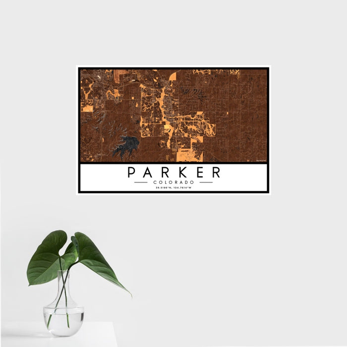 16x24 Parker Colorado Map Print Landscape Orientation in Ember Style With Tropical Plant Leaves in Water