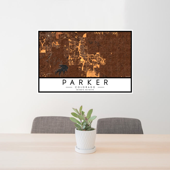 24x36 Parker Colorado Map Print Landscape Orientation in Ember Style Behind 2 Chairs Table and Potted Plant