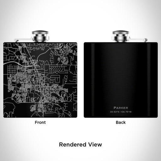 Rendered View of Parker Colorado Map Engraving on 6oz Stainless Steel Flask in Black