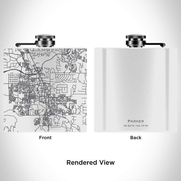 Rendered View of Parker Colorado Map Engraving on 6oz Stainless Steel Flask in White