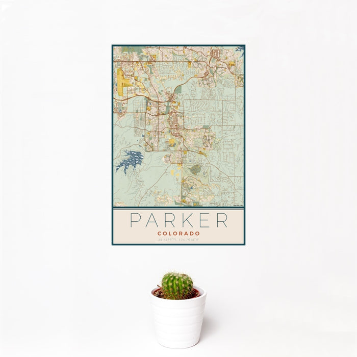 12x18 Parker Colorado Map Print Portrait Orientation in Woodblock Style With Small Cactus Plant in White Planter