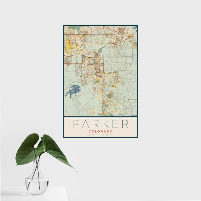 16x24 Parker Colorado Map Print Portrait Orientation in Woodblock Style With Tropical Plant Leaves in Water