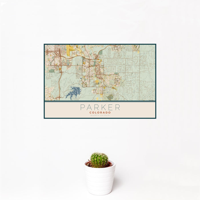 12x18 Parker Colorado Map Print Landscape Orientation in Woodblock Style With Small Cactus Plant in White Planter