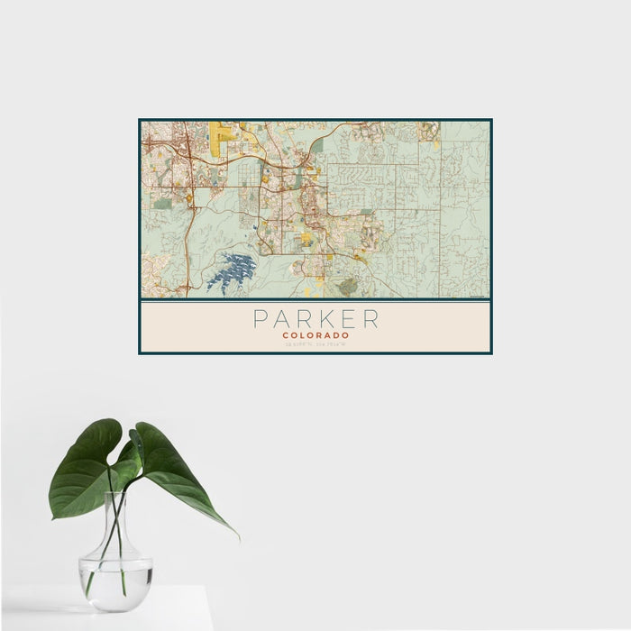 16x24 Parker Colorado Map Print Landscape Orientation in Woodblock Style With Tropical Plant Leaves in Water