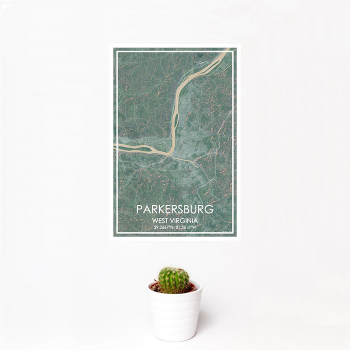 12x18 Parkersburg West Virginia Map Print Portrait Orientation in Afternoon Style With Small Cactus Plant in White Planter