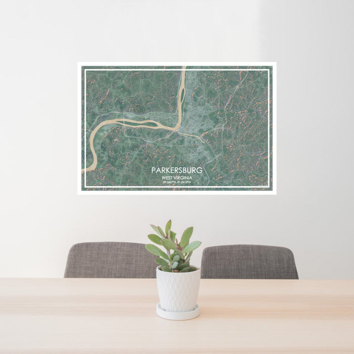 24x36 Parkersburg West Virginia Map Print Lanscape Orientation in Afternoon Style Behind 2 Chairs Table and Potted Plant