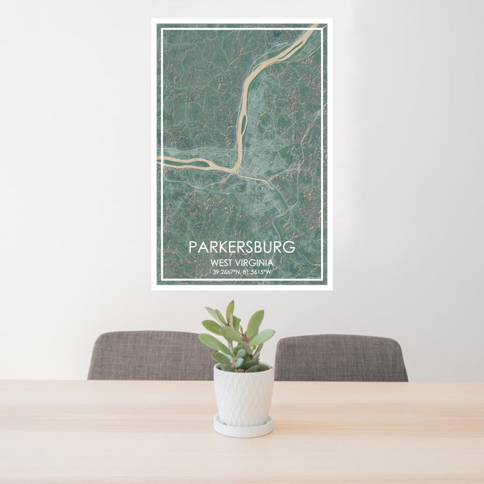 24x36 Parkersburg West Virginia Map Print Portrait Orientation in Afternoon Style Behind 2 Chairs Table and Potted Plant
