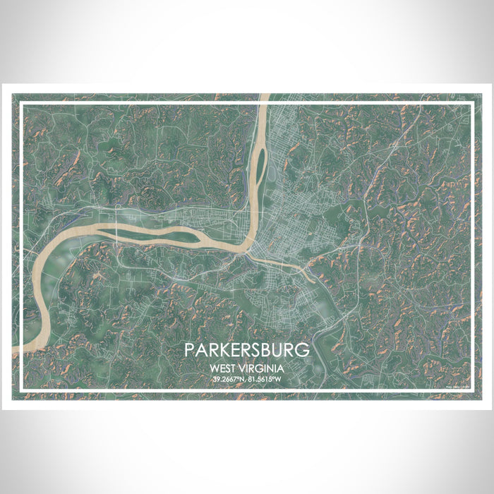 Parkersburg West Virginia Map Print Landscape Orientation in Afternoon Style With Shaded Background
