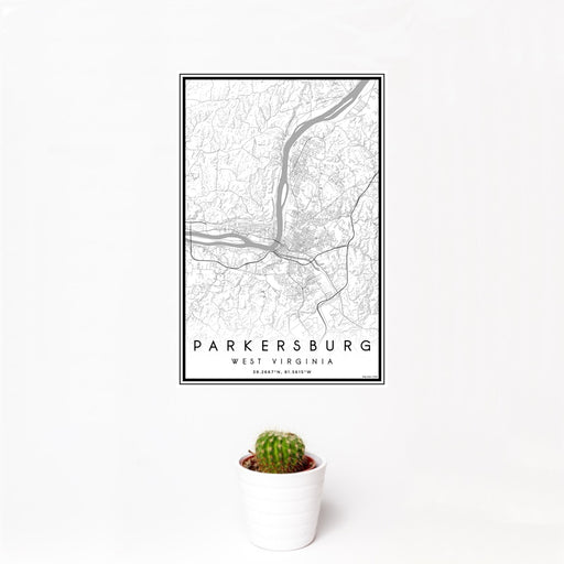 12x18 Parkersburg West Virginia Map Print Portrait Orientation in Classic Style With Small Cactus Plant in White Planter