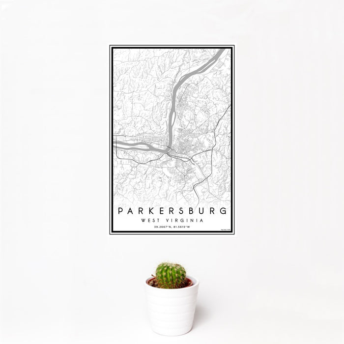 12x18 Parkersburg West Virginia Map Print Portrait Orientation in Classic Style With Small Cactus Plant in White Planter