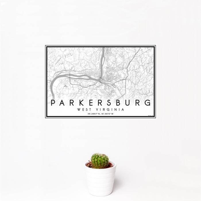 12x18 Parkersburg West Virginia Map Print Landscape Orientation in Classic Style With Small Cactus Plant in White Planter