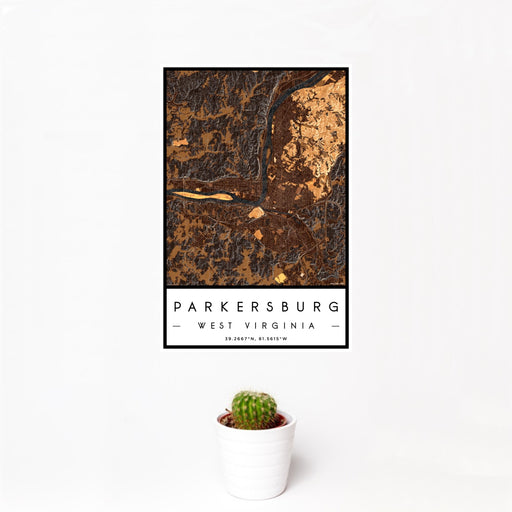 12x18 Parkersburg West Virginia Map Print Portrait Orientation in Ember Style With Small Cactus Plant in White Planter