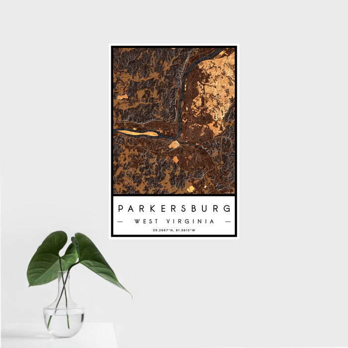 16x24 Parkersburg West Virginia Map Print Portrait Orientation in Ember Style With Tropical Plant Leaves in Water