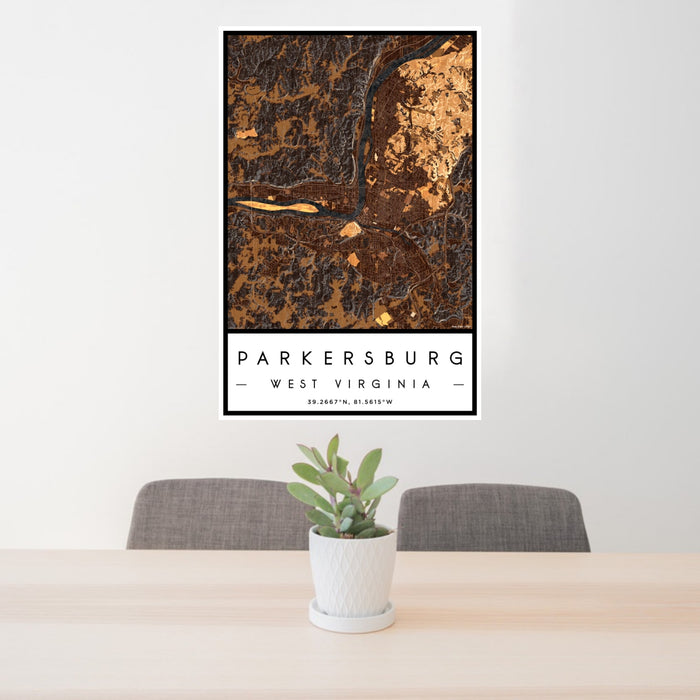 24x36 Parkersburg West Virginia Map Print Portrait Orientation in Ember Style Behind 2 Chairs Table and Potted Plant