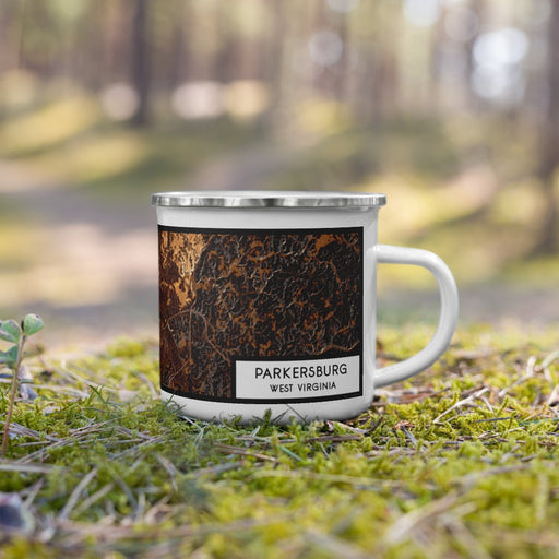 Right View Custom Parkersburg West Virginia Map Enamel Mug in Ember on Grass With Trees in Background