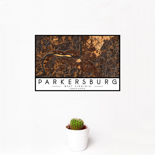 12x18 Parkersburg West Virginia Map Print Landscape Orientation in Ember Style With Small Cactus Plant in White Planter