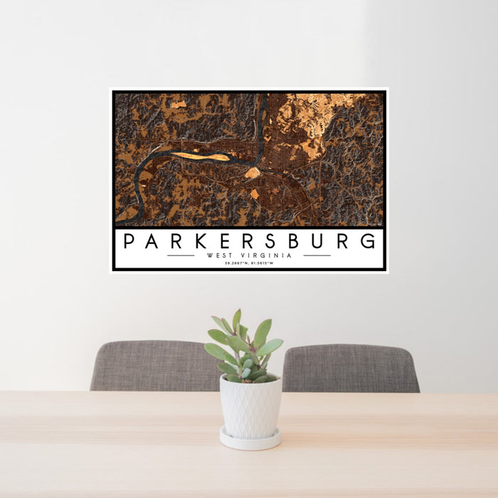24x36 Parkersburg West Virginia Map Print Landscape Orientation in Ember Style Behind 2 Chairs Table and Potted Plant