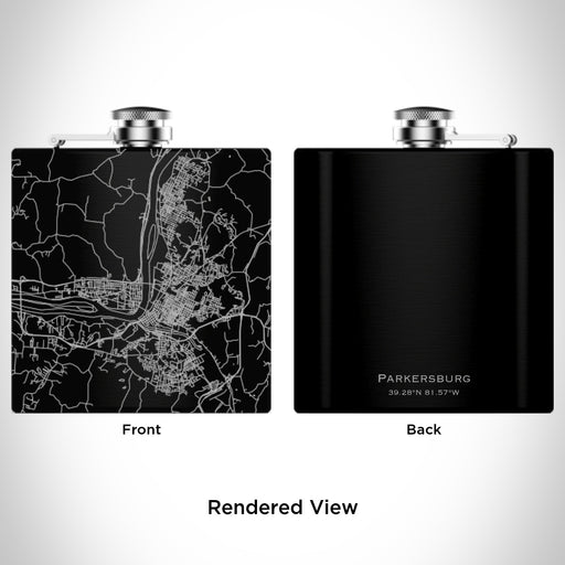 Rendered View of Parkersburg West Virginia Map Engraving on 6oz Stainless Steel Flask in Black