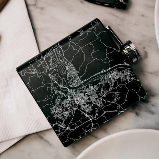 Parkersburg West Virginia Custom Engraved City Map Inscription Coordinates on 6oz Stainless Steel Flask in Black