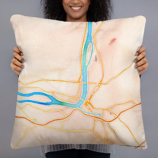 Person holding 22x22 Custom Parkersburg West Virginia Map Throw Pillow in Watercolor