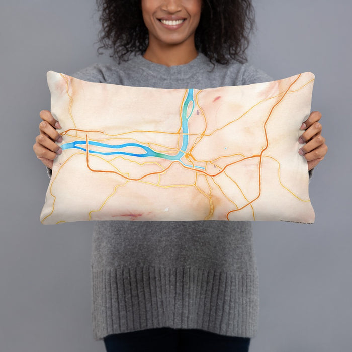 Person holding 20x12 Custom Parkersburg West Virginia Map Throw Pillow in Watercolor