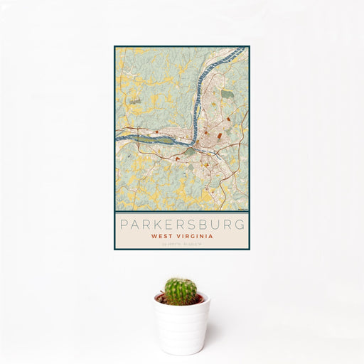 12x18 Parkersburg West Virginia Map Print Portrait Orientation in Woodblock Style With Small Cactus Plant in White Planter