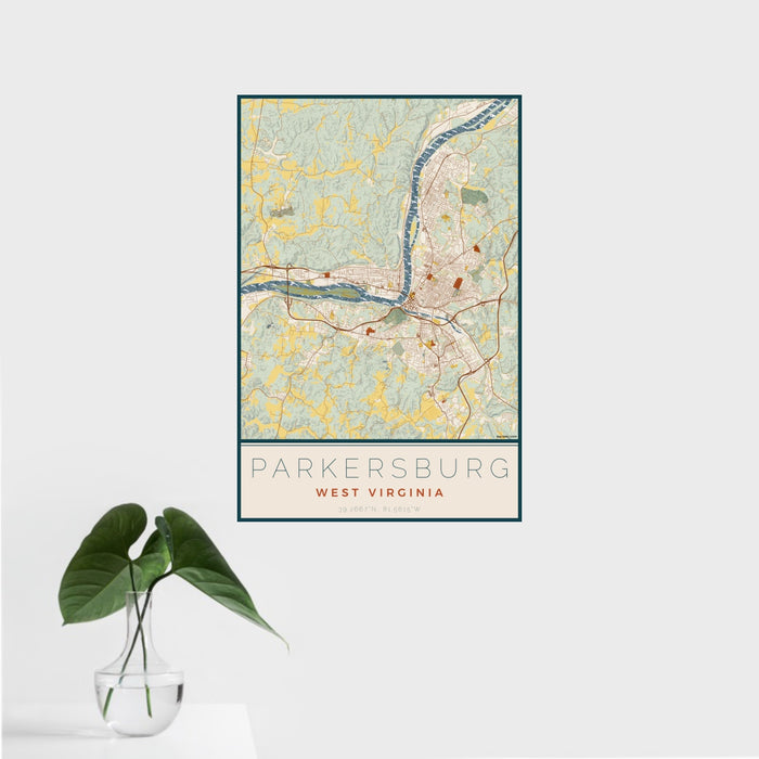 16x24 Parkersburg West Virginia Map Print Portrait Orientation in Woodblock Style With Tropical Plant Leaves in Water