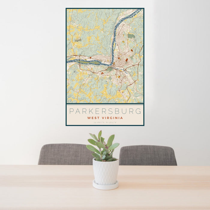 24x36 Parkersburg West Virginia Map Print Portrait Orientation in Woodblock Style Behind 2 Chairs Table and Potted Plant