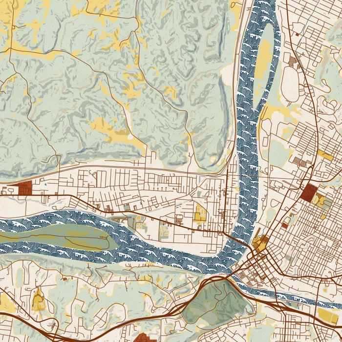 Parkersburg West Virginia Map Print in Woodblock Style Zoomed In Close Up Showing Details