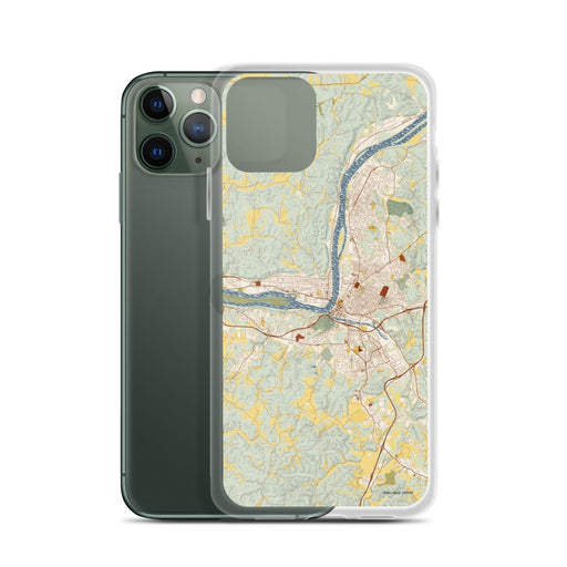 Custom Parkersburg West Virginia Map Phone Case in Woodblock on Table with Laptop and Plant